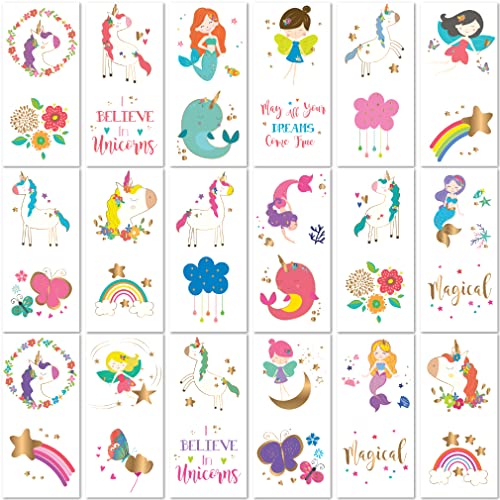 PapaKit Unicorn and Friends 36 Temporary Fake Tattoo Set, 18 Individually Wrapped Sheets | Kids Girls & Boys Birthday Party Favor Gift Reward, Non-Toxic Safe Removable