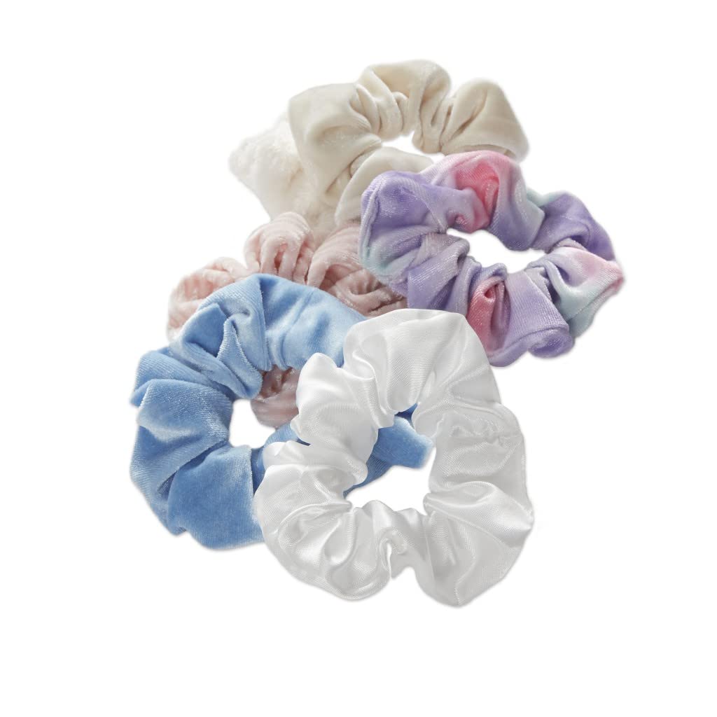 The Original Scrunchie® Girls Fashion Gift Set Includes 6 Unique Designs: Pastel Rainbow Velvet, Cream Velour, Pink Velvet, White Faux Fur, Blue Velour, White Satin in Presentation Box