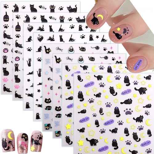Black Cat Nail Art Stickers, 8 Sheets, Cat Nail Stickers,Cartoon Animal Self-Adhesive Nail Decals Supplies Cute Cartoon Manicure Sliders for Women Girls Nail Art Decorations