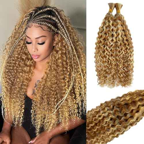 Honey Blonde Human Braiding Hair Water Wave Bulk Human Hair for Braiding Ombre Colored No Weft Wet And Wavy Human Hair Braiding Hair Extensions for Boho Braids 2 Bundles Per Pack 100g 16¡±