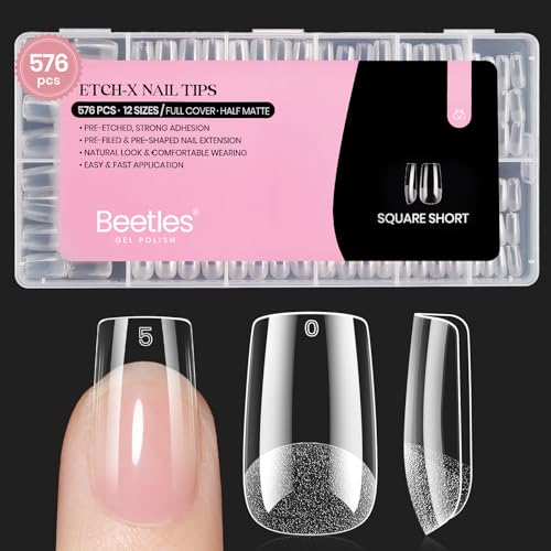 Beetles Gel Nail Tips A-Square Short 576pcs Pre-Shaped Etch-X, Clear, 12 Sizes