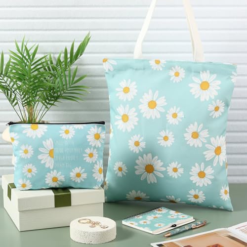 5 Pcs Daisy Gifts Set for Women Daisy Flower Themed Tote Bag Cosmetic Bag Keychain Pen Notebook Encouragement Inspirational Positive Vibes Gift for Women Friendship Birthday Christmas