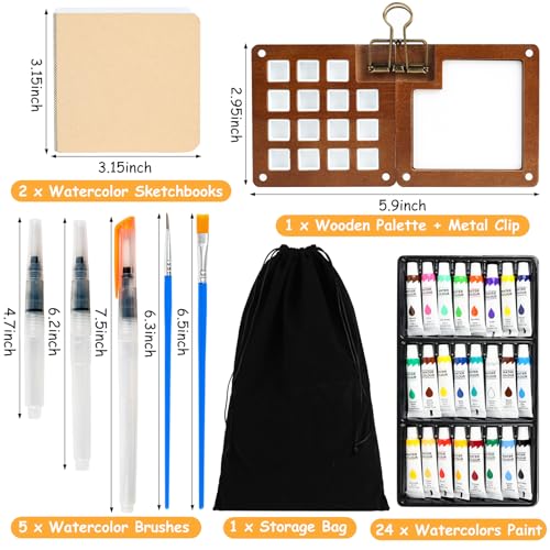 24 Color Watercolor Travel Set with Walnut Palette & Sketchbooks