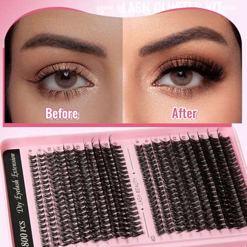 Lash Clusters Kit 800pcs Wispy Eyelash Clusters D Curl Natural Lashes Clusters DIY Lash Extension Kit Individual Lashes Cluster (30D&40D&50D&60D£¬8-17mm)