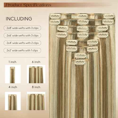 Clip in Hair Extensions Real Human Hair 26Inch 8pcs 130g Seamless Balayage Blonde Hair Extensions Clip Ins Double Weft Light Blonde Highlight Golden Blonde Invisible Straight Remy Human Hair for Women