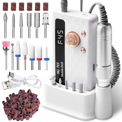 Professional Nail Drill Kit with 45000RPM Motor, 13 Bits & 56 Sanding Bands, Rechargeable & Portable for Acrylic Gel Nails