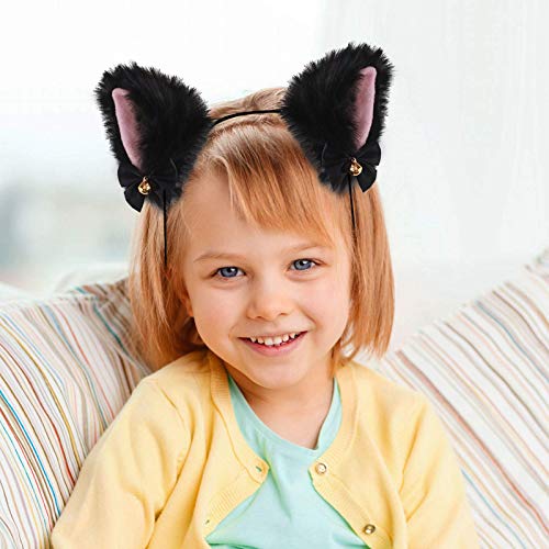 xipixiao Cat Ears Headband Plush Furry Neko Ears with Ribbon Bell for Halloween Party, Women and Kids