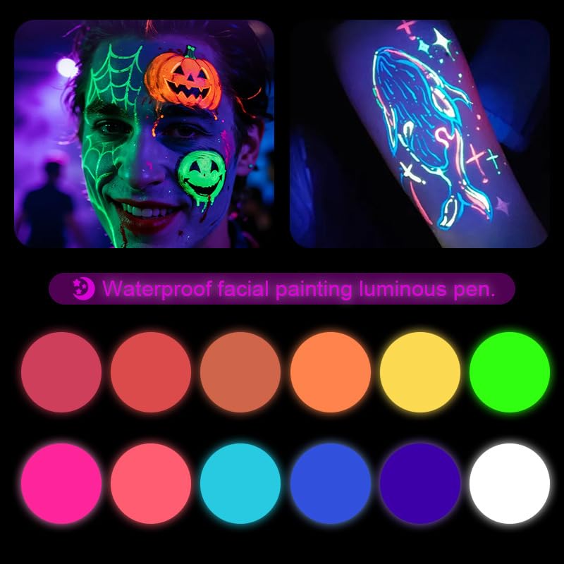 12 Glow Face Paint Pens - UV Neon Body Art Kit, Washable