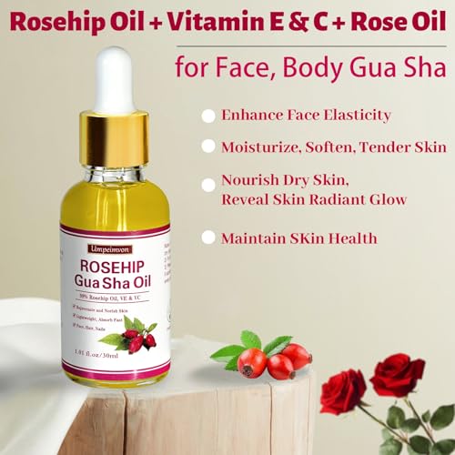 3 Pack Gua Sha Face Oil for Women, Rosehip Oil Organic Facial Oil Moisturizer Infused Rose, Vitamin E & C, Restore and Rejuvenate, Hydrating Facial Oil for Dermaplaning, 1.01fl.oz/30ml