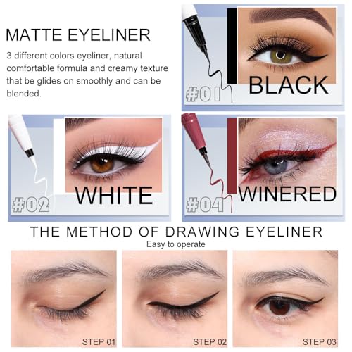 3-Piece Waterproof Liquid Eyeliner Set - White, Red & Black