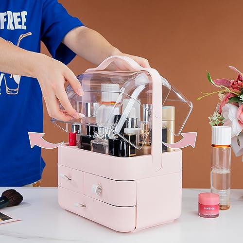 Nervure Pink Makeup Organizer - Cosmetic Storage Box with Lid - Makeup Organizer Storage Drawersr with Dust Free Cover and Portable Handle for Bathroom Countertop & Dresser & Gift