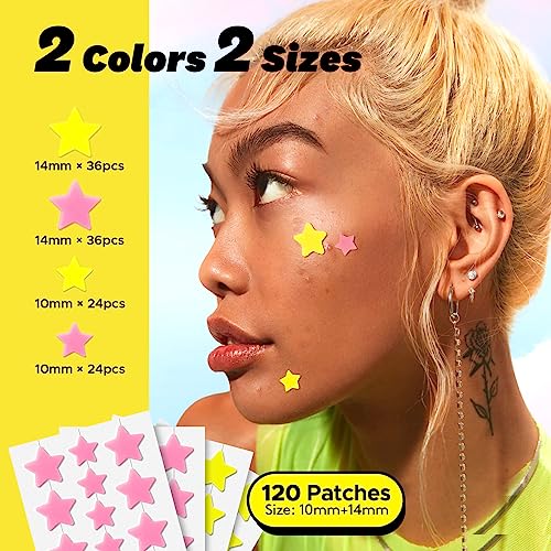 LitBear Cute Acne Pimple Patches for Face, Pink & Yellow Star Hydrocolloid Patch, Compact Zit Patches Case, Blemish patches(120 Count)