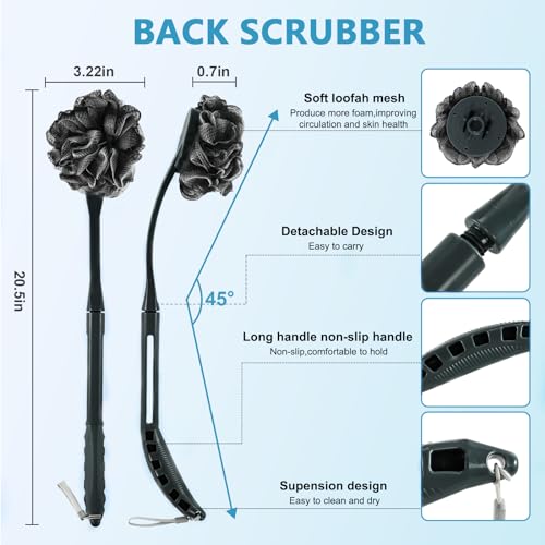 Loofah with Handle, 20.5'' Replaceable Shower Loofah to Improve Skin Health, Body Scrubber, for Women and Men with String for Easy Hanging£¨Dark Black£©