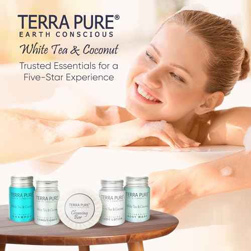 Terra Pure White Tea & Coconut Toiletries Set | 1-Shoppe Amenities Kit | 1oz Shampoo & Conditioner, Body Wash, Lotion, 1.25oz Bar Soap | Travel Size | 150 Pieces
