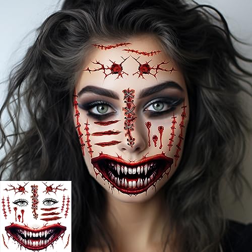 Halloween Temporary Tattoos - 6 Sheets Scary Face & Zombie Scars