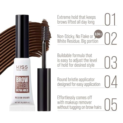 Kiss New York Professional Brow Fixer Glue - Extreme Hold for Sculpted, Transfer Proof, Non-Sticky Finish for Clean Makeup Look, All Day Control (Medium Brown)