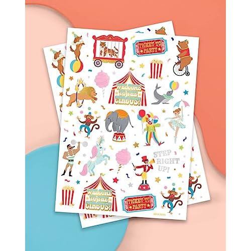 xo, Fetti Circus Party Temporary Tattoos - 42 Gold + Silver Foil Styles | Circus Birthday Party Supplies, Carnival Party Favors, Circus Animals Temp Tats, Clown Arts and Crafts (Pack of 2)
