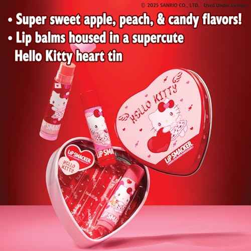 Lip Smacker Heart Tin Lip Balm Trio, Sweet & Fruity Flavors, Moisturizing & Hydrating Lip Care, Sheer Glossy Finish, Fun & Collectible Gift Set for All Ages - Hello Kitty