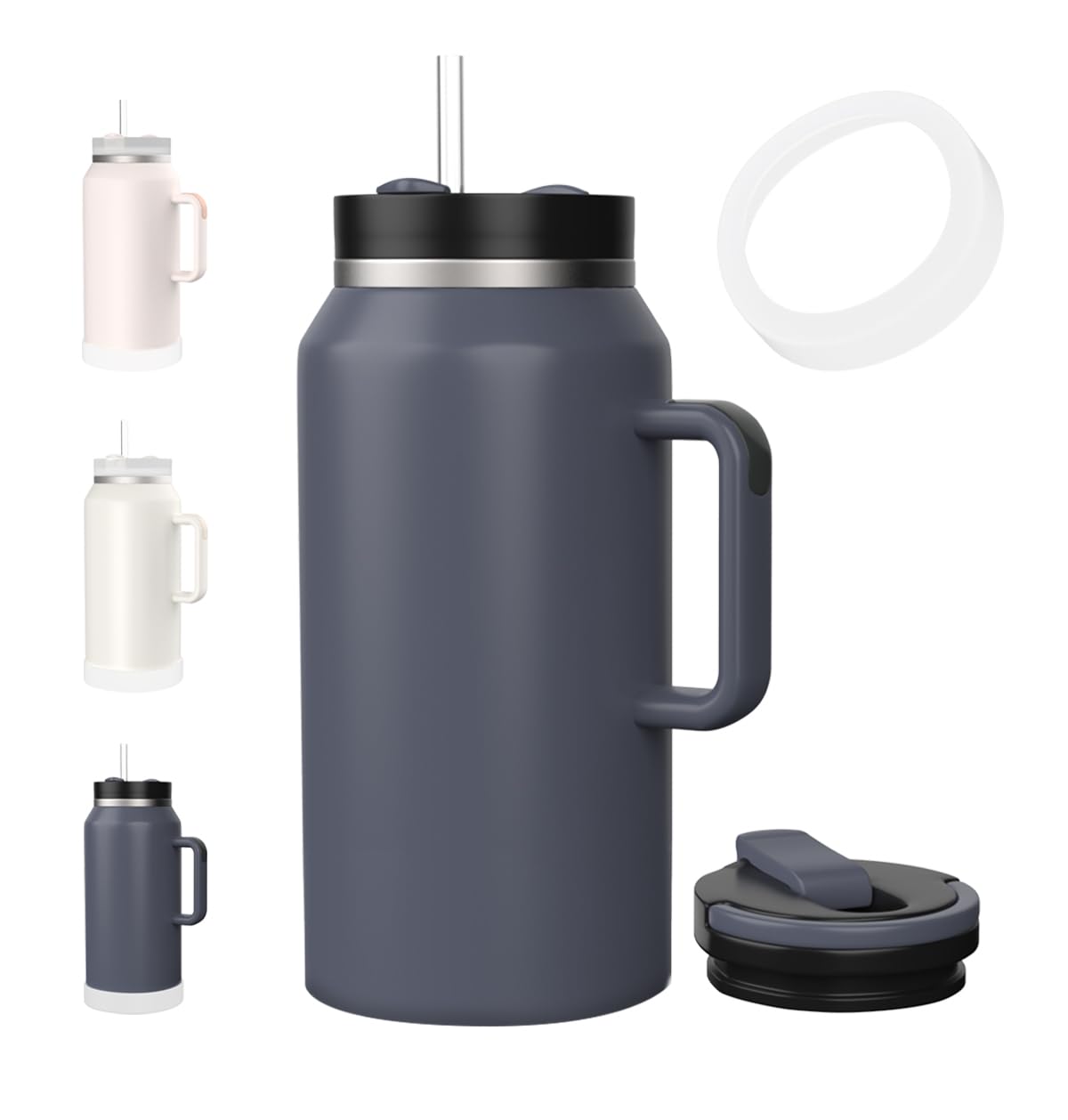 KISSKIND Water Bottle 64oz Tumbler with Handle and Straw Half Gallon Insulated Stainless SteeL Leakproof with 2 Lids Anti-slip Silicone Boot Portable Handle Gym Accessories GRAY