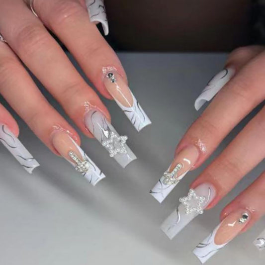 Coffin White Press on Nails Long Fake Nails Acrylic False Nails with Star and Cross Pattern Design French Glue on Nails tips Beautiful Full Cover Stick on Nails for Women Girls 24Pcs