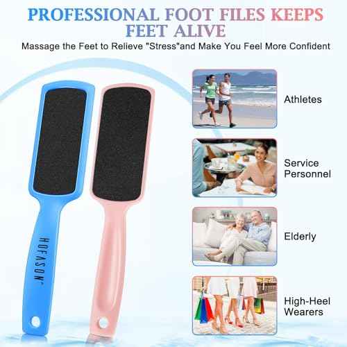 HOFASON 4Pcs Pedicure Foot Files Callus Remover with Double Sided, Professional Foot Scrubber for Feet at Home or Salon Care, Can Be Used On Both Dry and Wet Feet for Dead Skin (Blue&Pink)