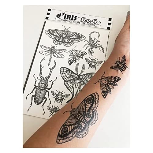 Temporary Tattoo for Adult Women - 2 Sheets - Black Big Moth Beetle Scorpion Dragonfly Bee Insect Sleeve Words Adults Tattoos