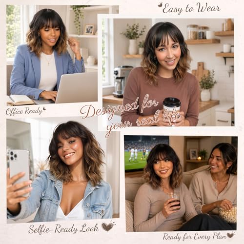 Ombre Brown Wavy Bob Wig with Bangs - 16 Inch