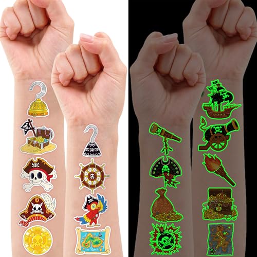 96 PCS Pirate Ship Nautical Pre-Cut Luminous Glow in the dark Temporary Tattoos for Kids | Super Cute Theme Birthday Party Favors Supplies Decorations, Treasure Fake Tattoos Gifts for Boys Girls