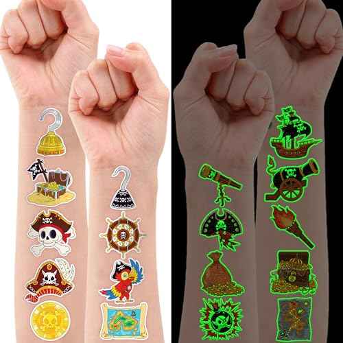 96 PCS Pirate Ship Nautical Pre-Cut Luminous Glow in the dark Temporary Tattoos for Kids | Super Cute Theme Birthday Party Favors Supplies Decorations, Treasure Fake Tattoos Gifts for Boys Girls
