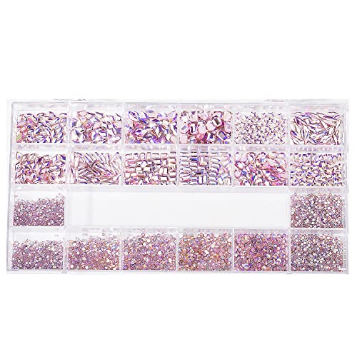 Nail Rhinestones - 4300pcs Crystal Pink AB, Multiple Shape Gems, Flat Back Rhinestones, with Kit and Glue Gel, for Nail Art