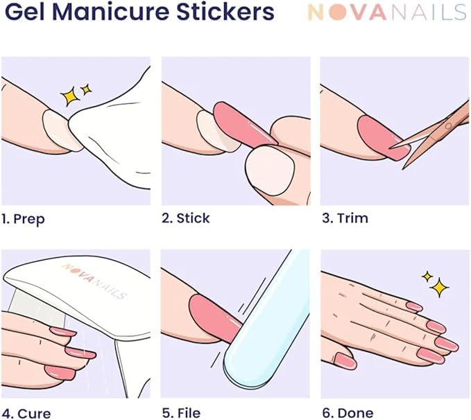 NOVA, Female Founded, Semi Cured Gel Nail Strips (Karma) - The 10 Minute Manicure. Salon-Quality, Works with Any Nail Lamp, Easy to Apply & Remove - Incl. Nail File & Wooden Stick (Karma)