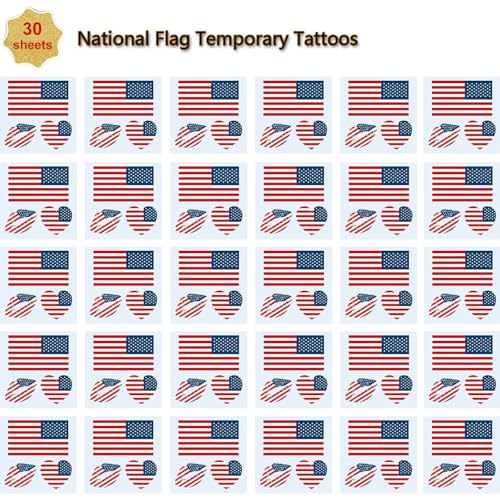 American Flag Tattoos,30 Sheets America USA Temporary Face Stickers,90 Pcs Waterproof Sweat National Flag Removable Fake Tattoos For Men Women Kids(America)
