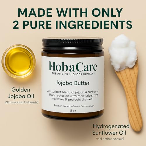 HobaCare Jojoba Butter, Fragrance-Free Body Butter Base with Natural First-Press Pure Jojoba Oil - Softening, Moisturizing, Vegan, Cruelty-Free Cream for Skin & Hair (8 oz)