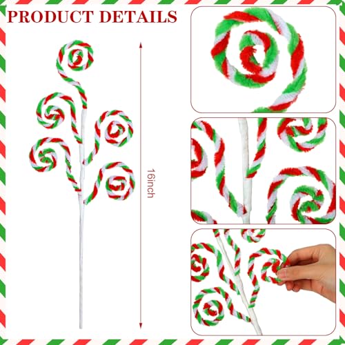 Gerrii 16 Inch Red White Green Christmas Tree Picks Decoration Candy Cane Woolen Bells Curly Pick Lollipop Large for Xmas Tree Topper Decor Vase Filler Craft Wreath Holiday Party Ornament (12 Pcs)