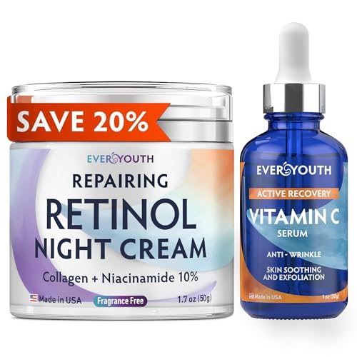 Night Cream Face Moisturizer & Vitamin C Serum 20% Bundle, Retinol, Collagen, Niacinamide Anti Aging Overnight Mask and Stem Cell Serum - Save 20%