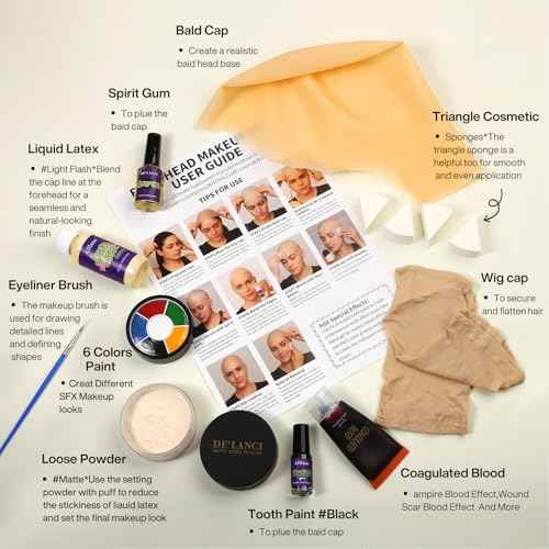 Bald Cap Halloween Makeup Kit for Woman Man, Professional Complete Bald Cap Character Set for Cosplay,Sfx Halloween Makeup Costumes Party Theater look-with Instruction, Realistic Bald Cap Kits