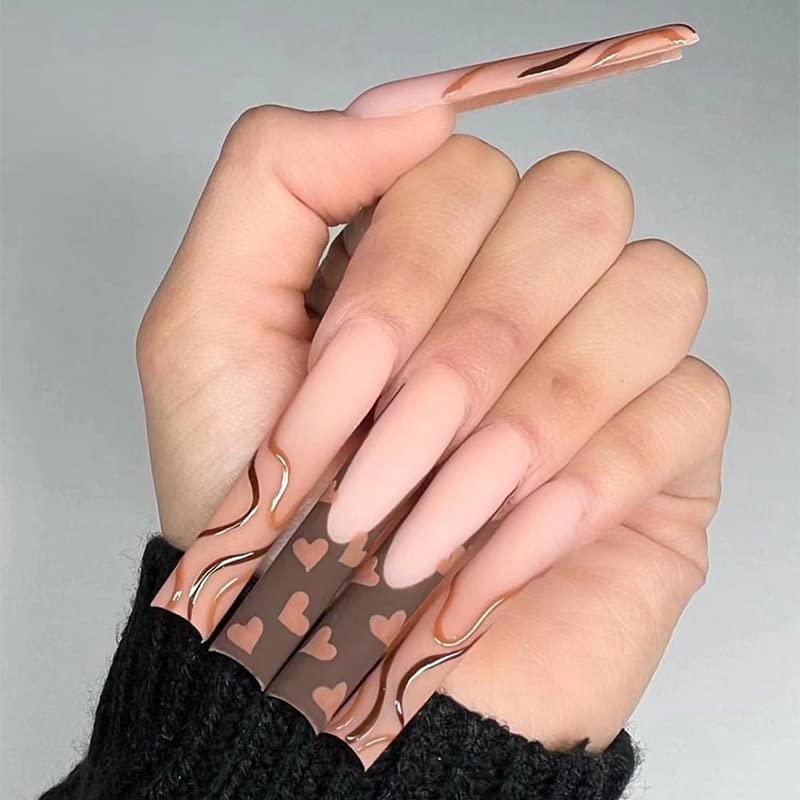 DOUBNINE Press on Nails Super Long Square Brown Heart Swirl Matte Ballerina Acrylic Full Cover Natural False Nails with Jelly Double Sided Adhesive for Women