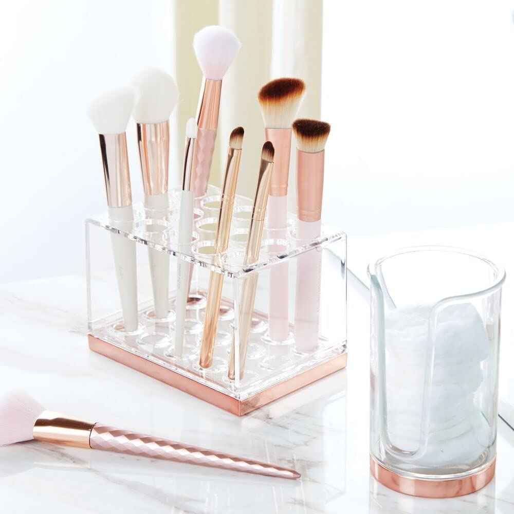 mDesign Plastic Makeup Brush Storage Organizer with 15 Slots for Bathroom Countertop, Vanity to Hold Eye/Lip Pencils, Lip Gloss, Liners, Lipstick - Clear/Rose Gold