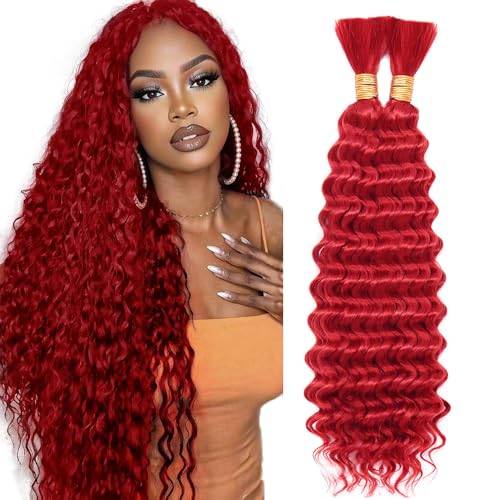 Red Human Braiding Hair Bundles - 18 Inch Deep Curly Boho Hair