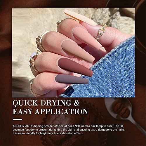 AZUREBEAUTY Dip Powder Nail Set, Fall Nude Dark Brown Purple Gary Natural 6 Colors Dipping Powder Starter Kit, French Nail Art Manicure DIY Salon, No Need Nail Lamp Cured
