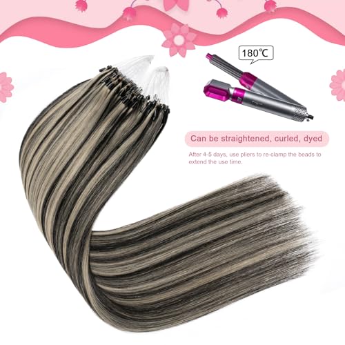 Micro Beads Hair Extensions Real Human Hair Brown Micro Loop Human Hair Extensions 16 Inch #1B/613 Straight Remy Human Hair Micro Link Hair Extension 1g/Strand 50g(#1B/613, 16inch)