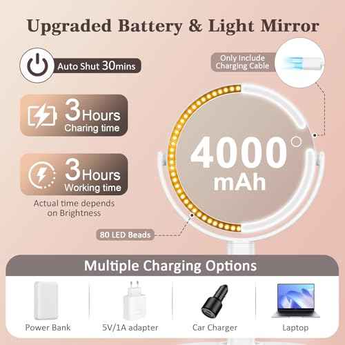 15X/1X Makeup Mirror with Lights, 4000mAh Vanity Mirror with 3 Lighting and Adjustable Brightness, 2-Sided Height Adjustable Lighted Magnifying Mirror, Make Up Mirror Gifts for Elder Women