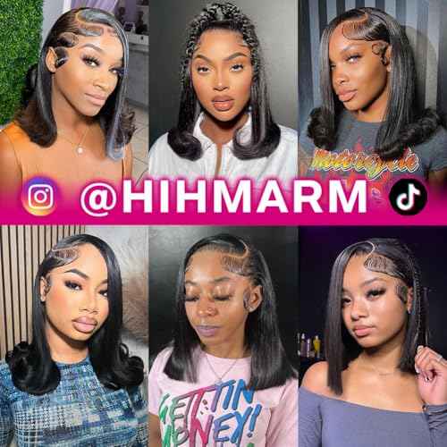 Hihmarm Lace Front Wigs Human Hair 13x4 HD Lace Front Wig Glueless Wigs Human Hair Pre Plucked Short Straight Bob Lace Front Wigs Human Hair For Black Women Nature Hairline 180% Density 12 Inch