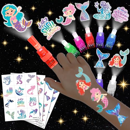 72 PCS Mermaid Party Favors ? 48 PCS Luminous Tattoos & 24 PCS LED Finger Lights Combo ? Birthday Goodie Bag Fillers, Party Supplies, Gifts Light Up Toys Glow In The Dark for Boys and Girls