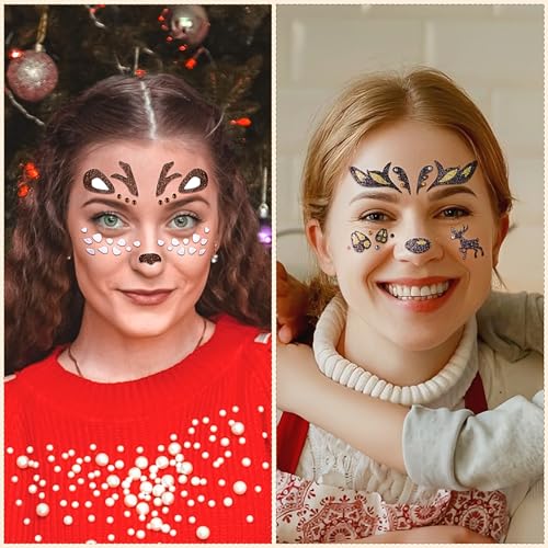 Christmas Reindeer Face Tattoos - Glitter Deer Stickers (2 Pack)