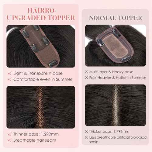 Hairro Human Hair Topper with Wispy Bangs, Clips on 360¡Æ 3D Cover Real Hairpieces Lightweight, 2.25"x6" Base for Women with High Hairline/Thinning Hair, 14 Inch Natural Black Bangs