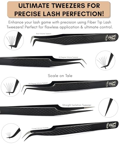 My Lash Tools 5Pcs Lash Tweezers Set for Eyelash Extension Precision Fiber Tip Lash Tweezers for Eyelash Extensions Curved, Mega Volume Boot & isolation tweezers for women Stainless Steel Tweezers