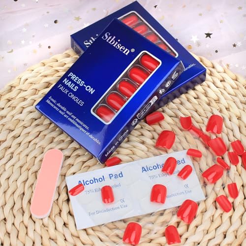 Short Square Press-On Nails Glossy Red 30 Piece Set