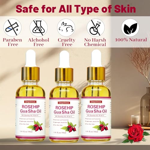3 Pack Gua Sha Face Oil for Women, Rosehip Oil Organic Facial Oil Moisturizer Infused Rose, Vitamin E & C, Restore and Rejuvenate, Hydrating Facial Oil for Dermaplaning, 1.01fl.oz/30ml