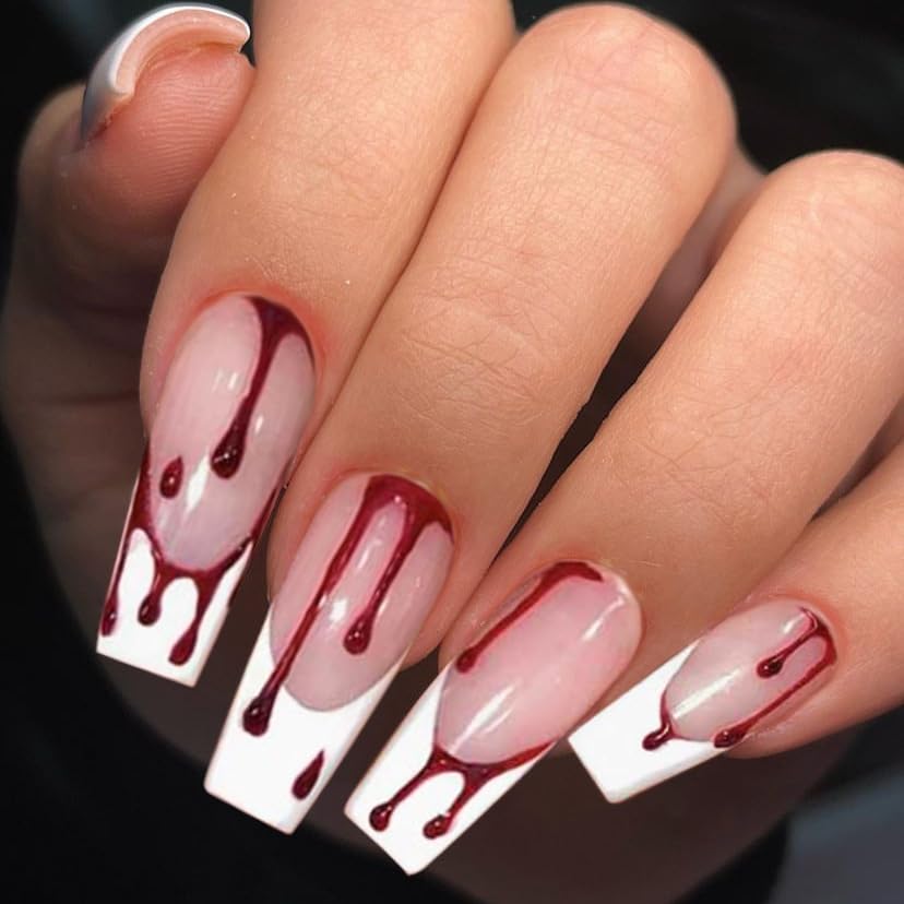 24Pcs Red Halloween Press on Nails Long Square Fake Nails French Tips False Nails Red Blood Full Cover False Nails with Designs Stick on Nails Artificial Nails Finger Manicure for Women and Girls